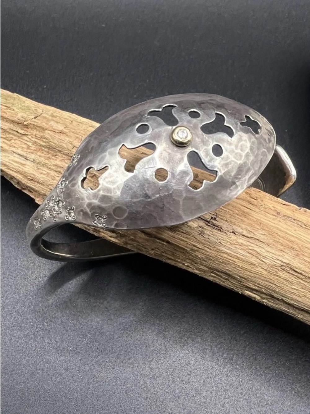 Brandon Holschuh Sterling Silver & 14K Gold Hammered Spoon Cuff with Diamonds